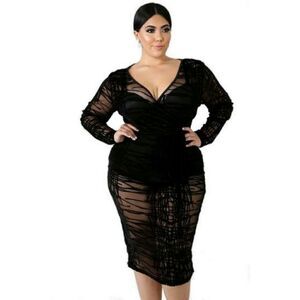 Plus size Black sheer long sleeve velvet dress